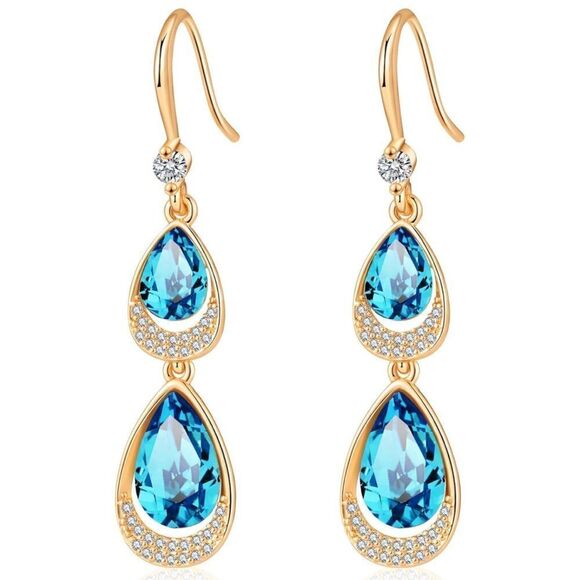 14K Yellow Gold with Bermuda Blue Austrian Crystal Double Teardrop Hook Earrings